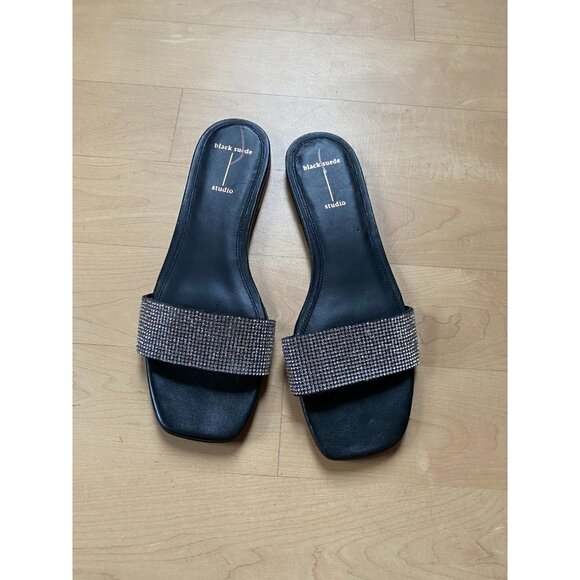 BLACK Suede Studio Women's Slides "Alexandra" Sandals Flats Stones - Picture 2 of 8
